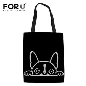 Linen Tote Bags Cartoon French Bulldog