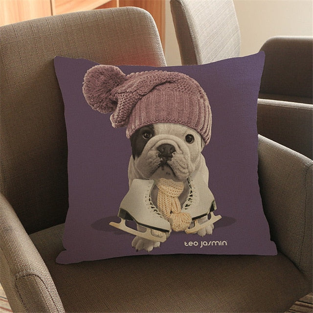 Ice Skating French Bulldog Cushion Cover