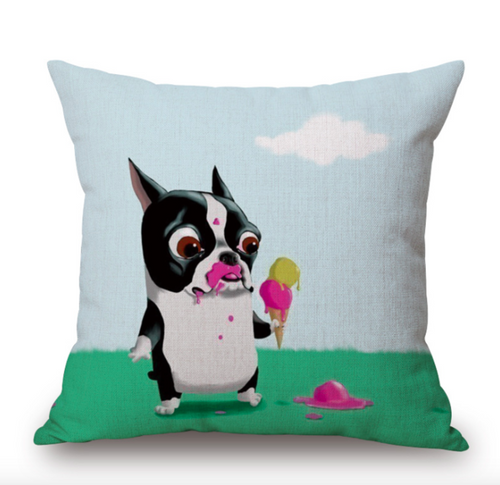 Cartoon French Bulldog Ice Cream Cushion Cover