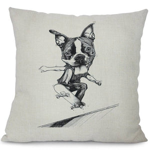 Skating French Bulldog Cushion Cover