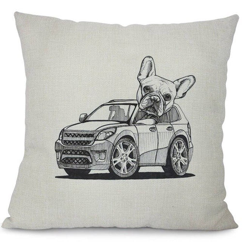 Car Driving French Bulldog Cushion Cover