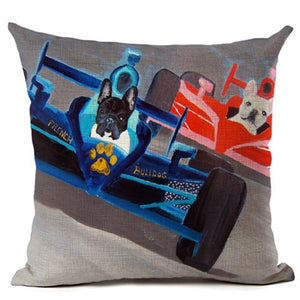 Race car Driving French Bulldog Cushion Cover