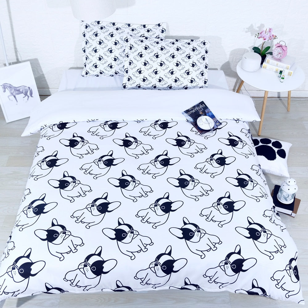 3 pcs Cartoon Black and White French bulldog bedding set