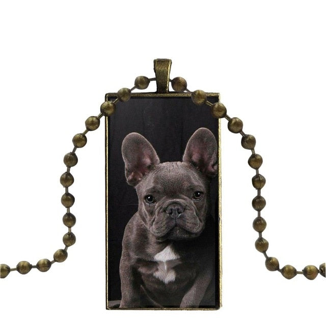 French Bulldog Rectangular Pendant Necklace on Copper Ball Chain