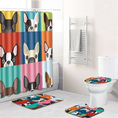 4pcs Bathroom French Bulldog Shower Curtain Set