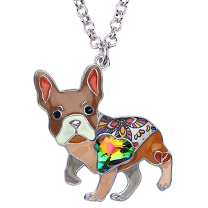 WEVENI Enamel Alloy Rhinestone French Bulldog Pug Dog Necklace Pendant Fashion Animal Jewelry For Women Girls Pet Lovers Gift