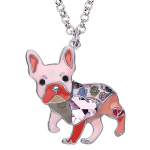 WEVENI Enamel Alloy Rhinestone French Bulldog Pug Dog Necklace Pendant Fashion Animal Jewelry For Women Girls Pet Lovers Gift